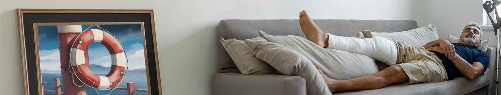 man med gipsat ben vilar på en soffa